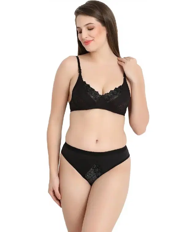 Silk Blend Lingerie Set for Women (Black, 34)