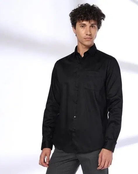 Polyester Full Sleeves Solid Shirt for Men, Black (XL)