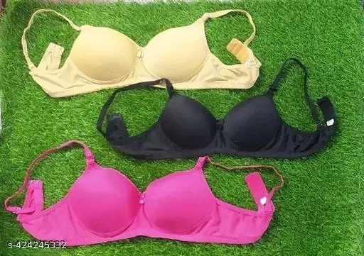Cotton Solid Bra for Women & Girls, Multicolour, Pack of 3 (40B)