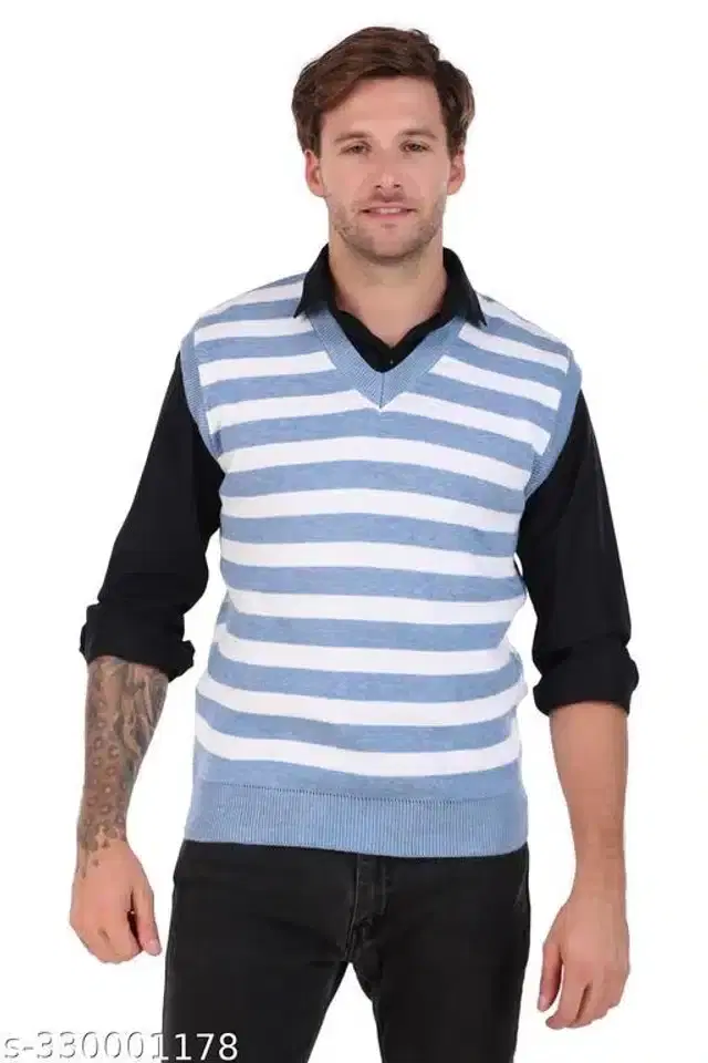 Acrylic Sleeveless Sweater for Men (Sky Blue & White, XL)