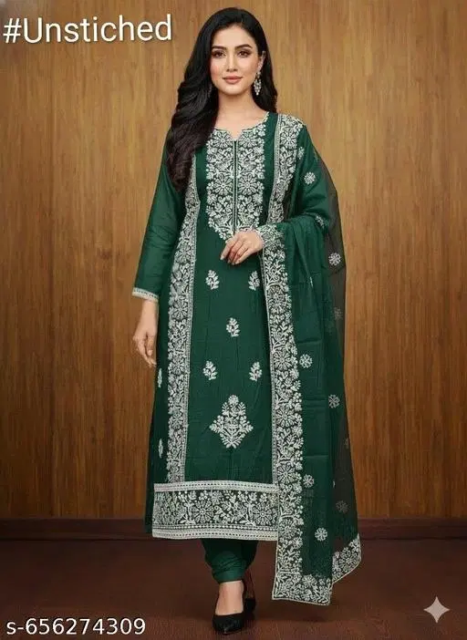 Embroidered Lucknowi Fabric (Green, 6.45 meter (XL)) (Green, 7.05 meter (4XL)