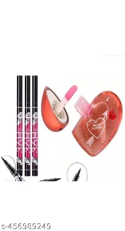 3 Pcs Eye Liner with Heart Shape Natural Lip Gloss, Multicolor, Set of 2