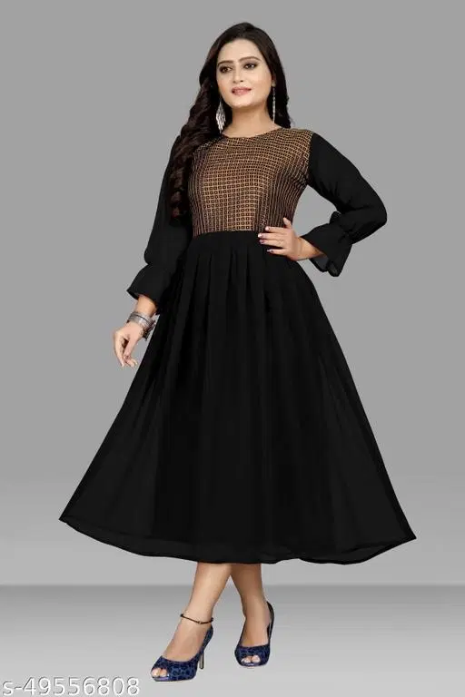 Cotton Solid Anarkali Kurti for Women (Black, XXXL)