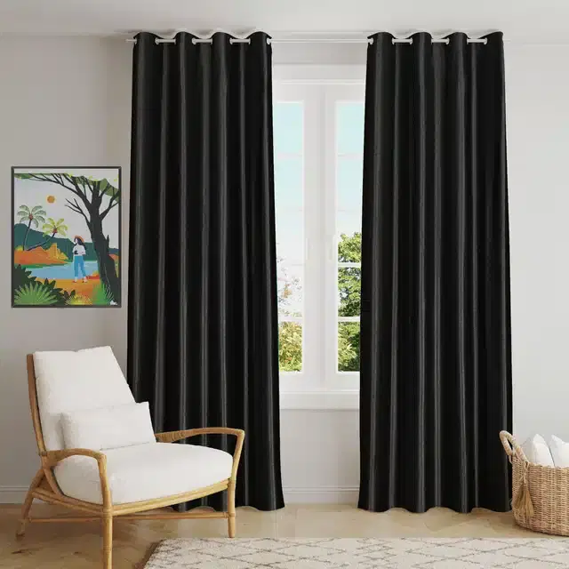 Polyester Solid Window & Door Curtains, Pack of 2, Black, 5 feet