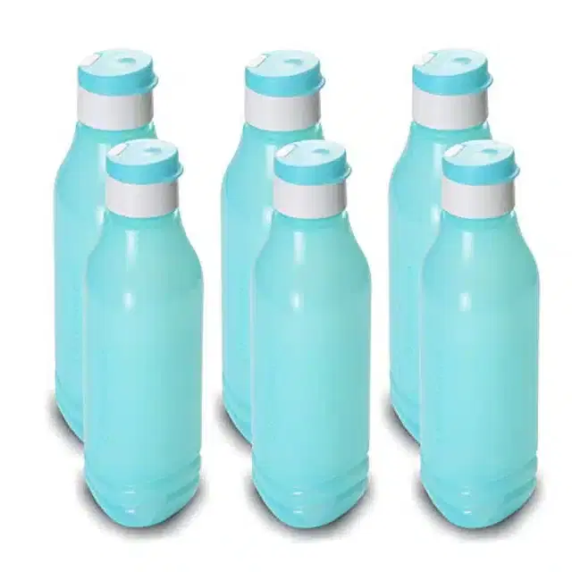 Airtight Plastic Water Bottle with Lid, Aqua Blue, 1000 ml, Pack of 6