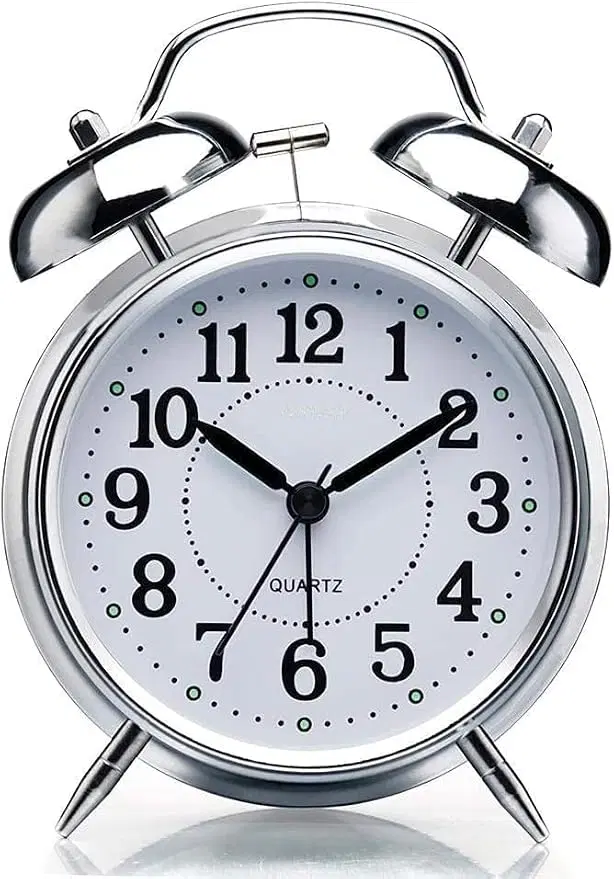 SimpleHome Retro Twin Bell Alarm Clock Night Light Function And Battery Operated (Silver)