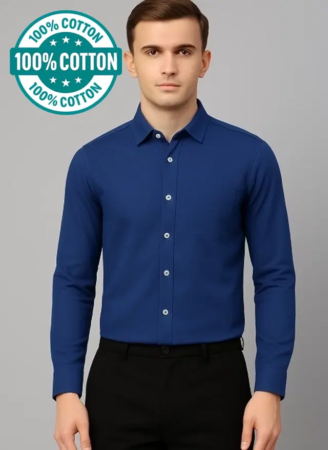 100% Cotton Full Sleeves Solid Shirt for Men, Blue (XXL)