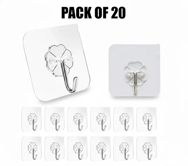 Plastic Wall Hooks, Transparent (Pack of 20)