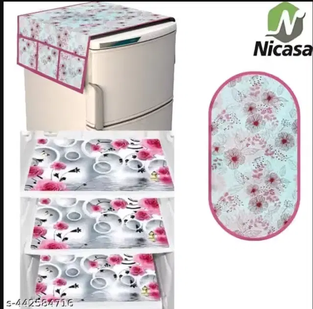 Waterproof Fridge Cover, With 3xFridge Mat And 1 xHandle Cover Pack Of 5 Multicolor Flower