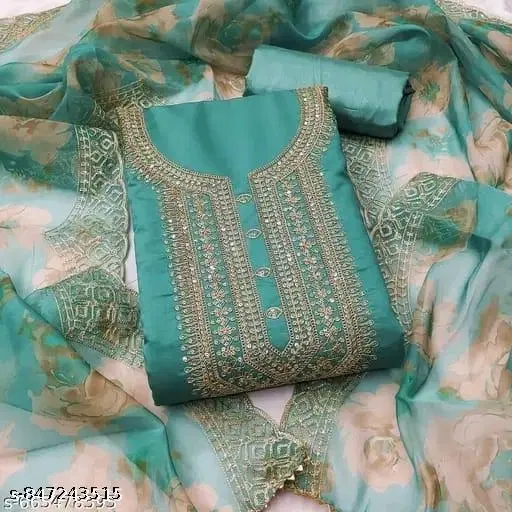 Vichitra Silk Embroidered Floral Unstitched Suits for Women (Rama, Un Stitched)