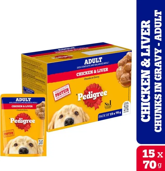 Pedigree Chicken and Liver Chunks in Gravy Adult Dog Wet Food, 70g, Pack of 15
