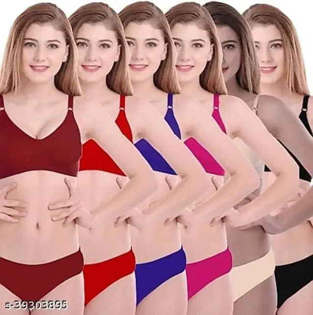 Cotton Blend Solid Lingerie Set for Women, Pack of 6 (Multicolor, 30A)