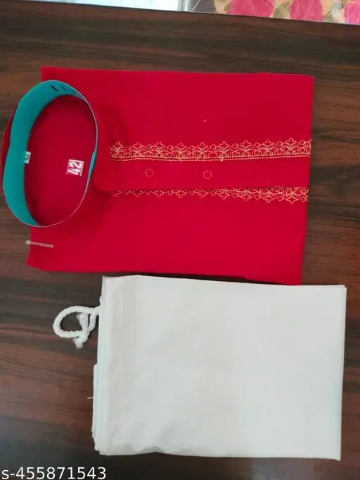 Cotton Solid Kurta Set for Men, White & Red (M)