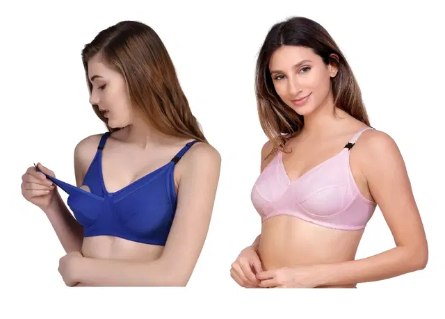 Cotton Blend Solid Non Padded Feeding Bras for Women, Pack of 2 (Multicolor, 32)