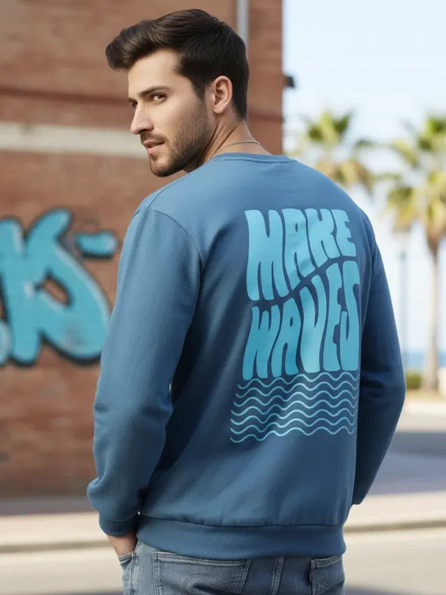Fleece Printed Sweatshirt For Men, Light Blue (M)