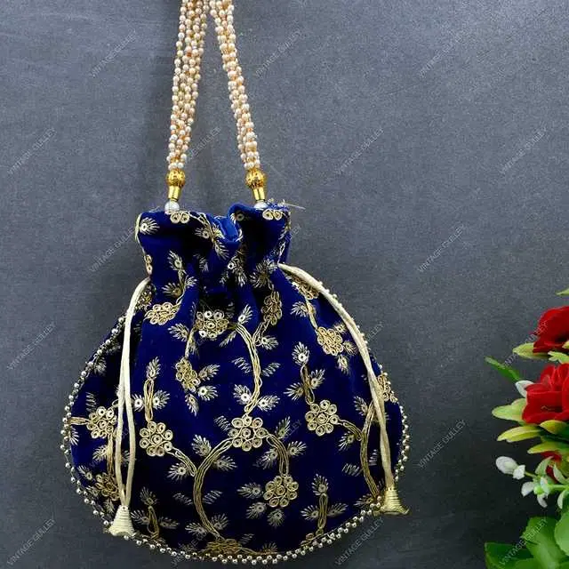 Velvet Ethnic Rajasthani Potli Bag, Blue, AAC-5