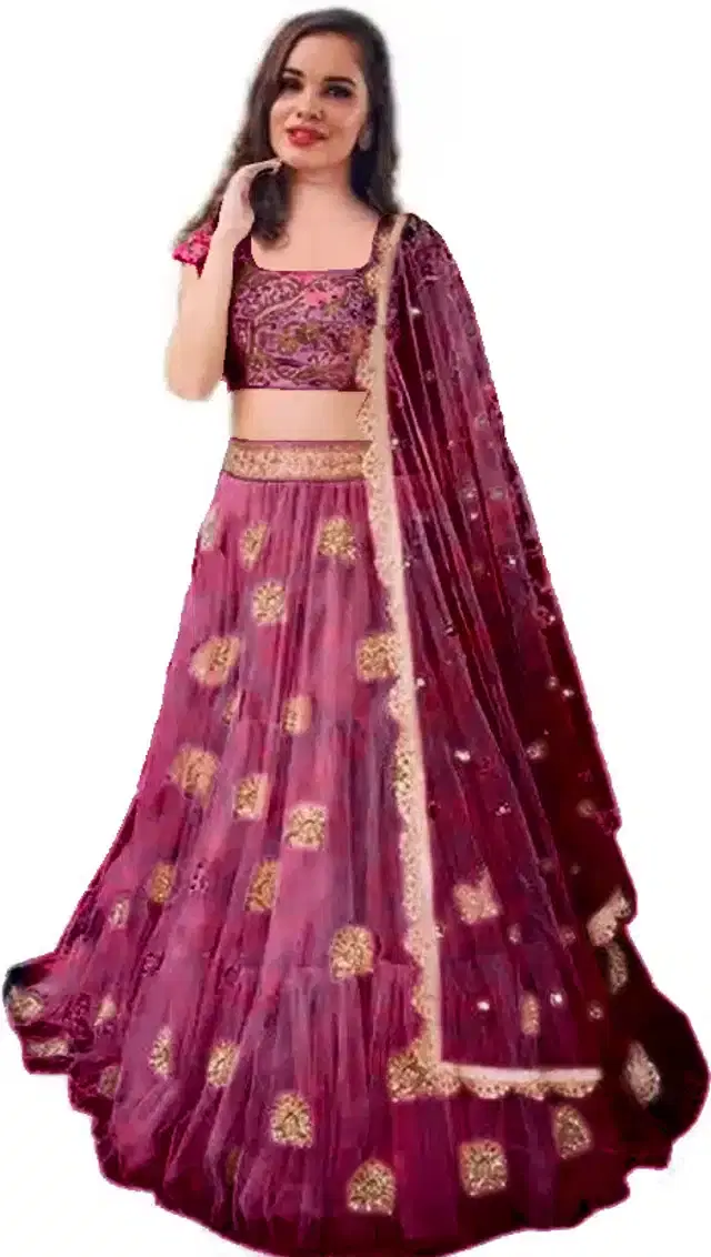 Net Embroidred Semi Stiched Lehenga Choli for Women (Purple)