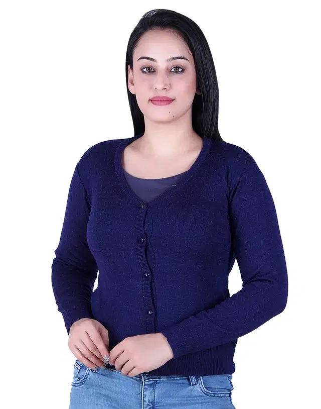 V Neck Solid Cardigans for Women (Navy Blue, L)