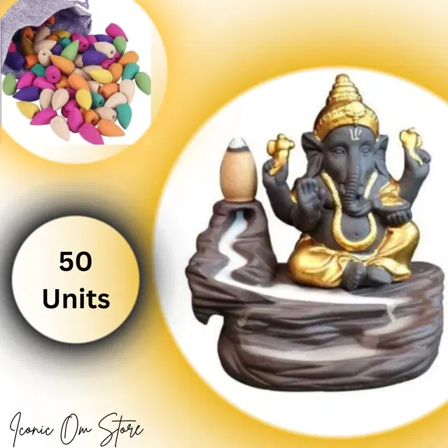Resin Ganesh Showpiece with 50 Pcs Backflow Smoke Cones, Brown, Set of 1