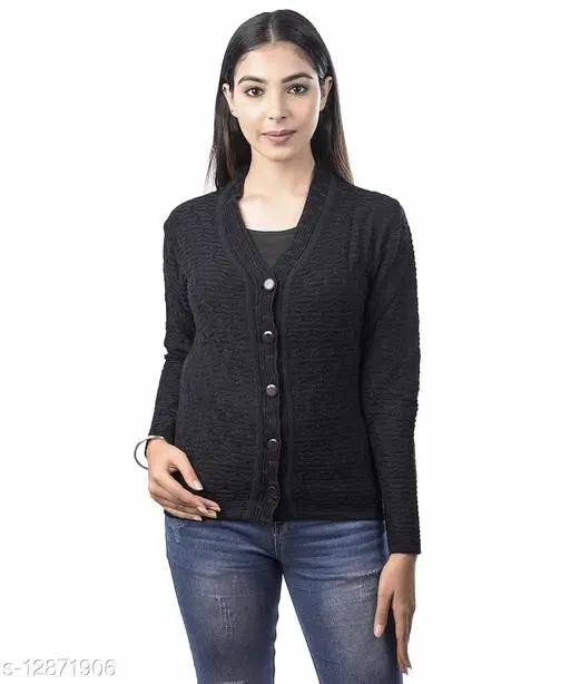 Acrylic Solid Sweater for Women (Black, L)