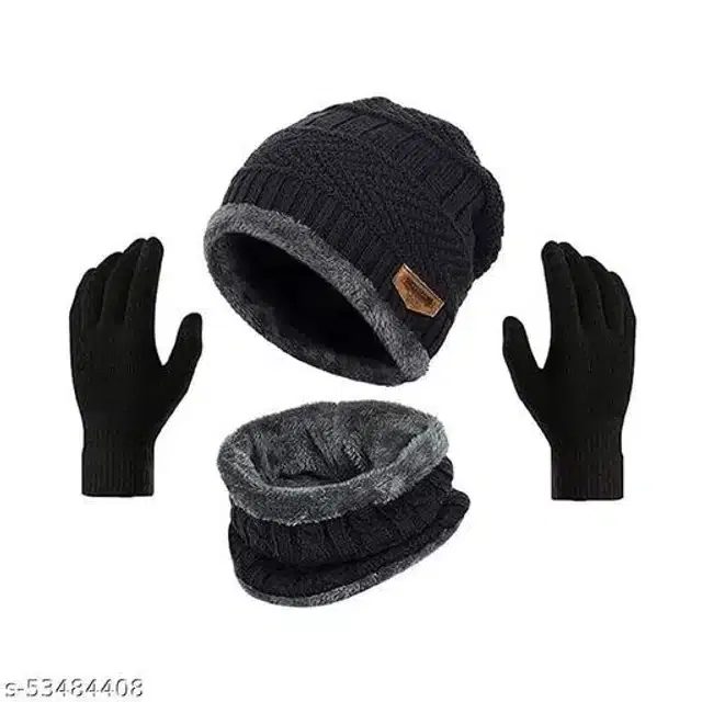 Woolen Beanie Cap with Neck Scarf & Hand Gloves for Men & Women, Set of 2 (Multicolor)
