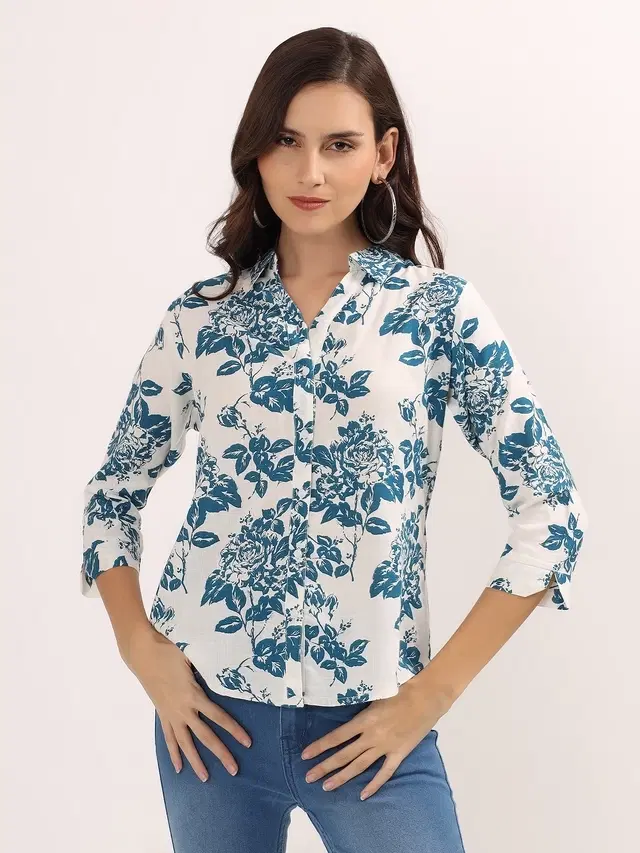 Rayon Printed Shirt for Women, White (Teal. S)
