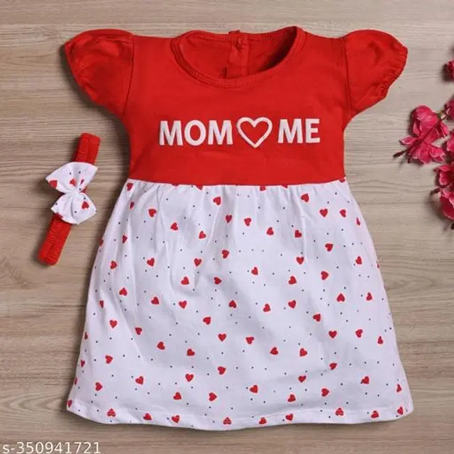 Cotton Frock for Girls (Red & White, 18-24 Months)