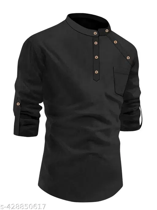Solid Cotton Kurta Set for Boys (Black, 12-13 Years)