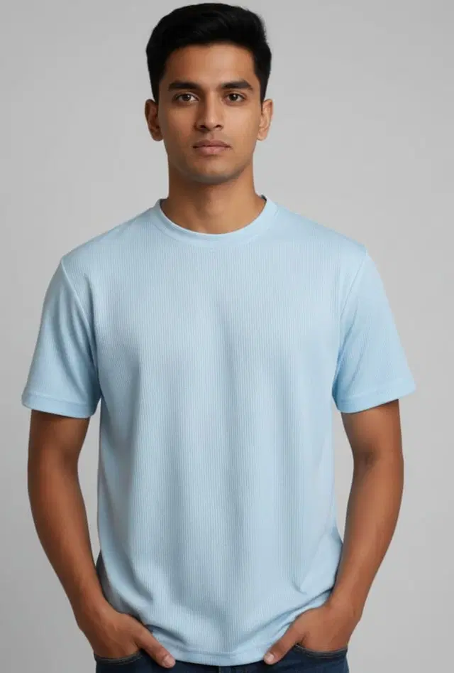 Round Neck Solid T-Shirt For Men, Aqua Blue (L)