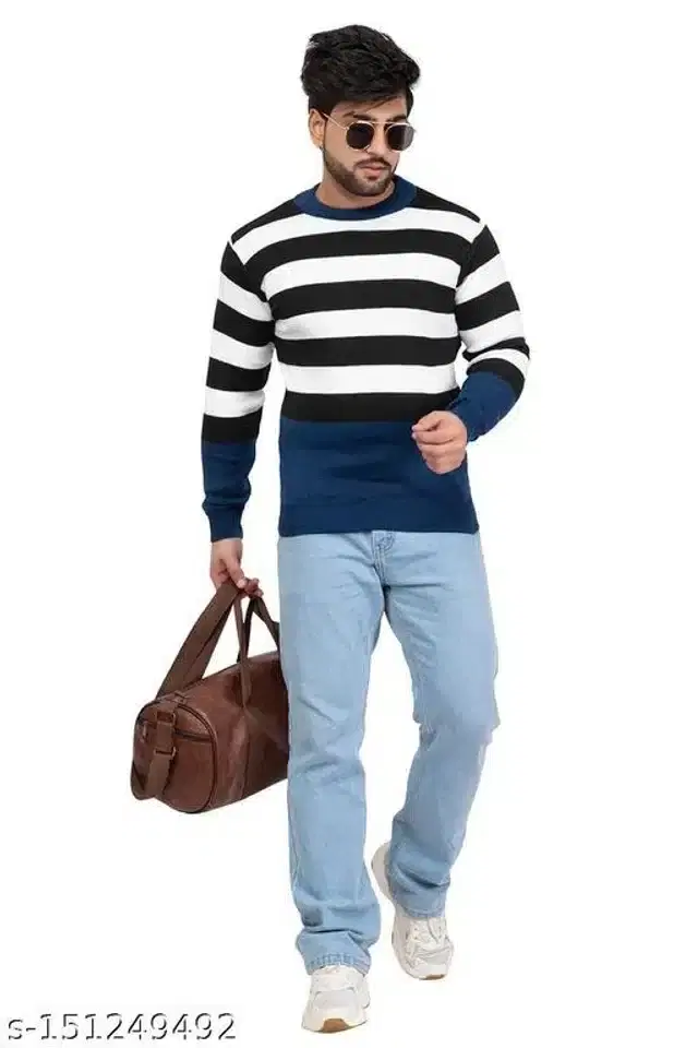 Acrylic Sweater for Men (Blue & Black, XL)