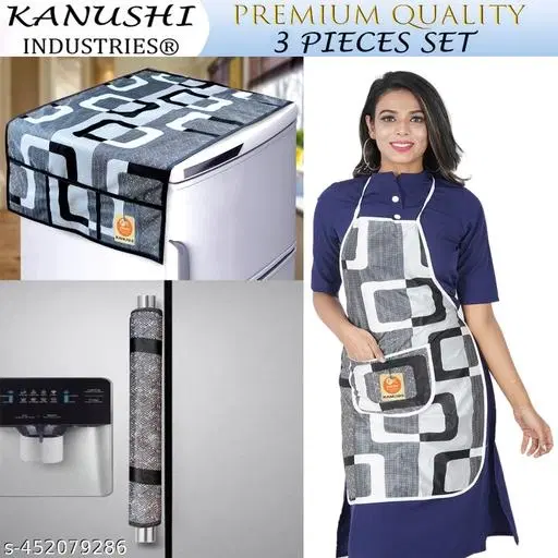 KANUSHI Industries® 1Pc Fridge Cover for Top with 6 Utility Pockets + 1 Pc Apron + 1Pc Fridge Handle Cover (RK-FRI+APRON+1-HANDLE-BLACK-BOX)