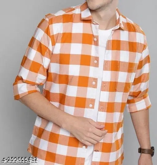 Cotton Blend Checked Shirt for Men, Orange (M)
