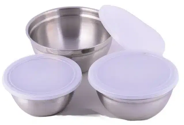 Stainless Steel Bowl Set with Plastic Lid, Silver, Pack of 3