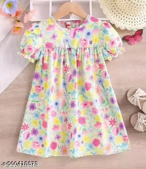 Girls Frocks & Dresses Round neck Printed Mulitcolour Cotton Blend(6-12 M)