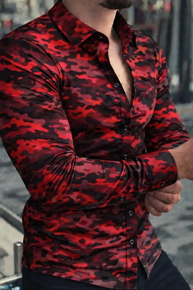 Lycra Geometric Print Shirt for Men, Red (S)