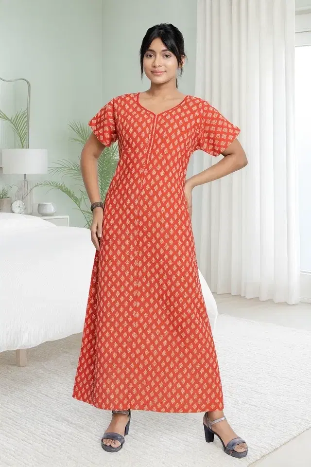 100% Cotton Printed Nightdress for Women, Red (Free Size)