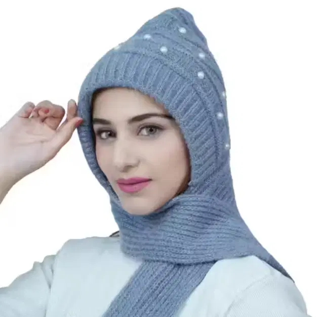 Woolen Printed Cap with Muffler for Women (Grey, Pack of 1)