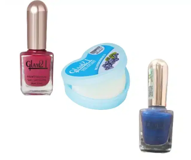 Glam21 2 Pcs Nail Polish with Nail Polish Remover Wipes, Blue & Magenta, Set of 3