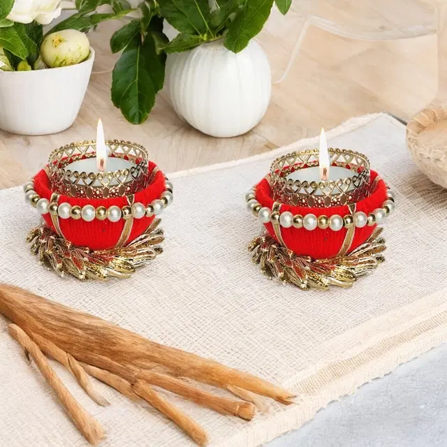 Metal Designer Tealight Candle Holder, Red, 6.5x6.5x4.5 cm, Pack of 2