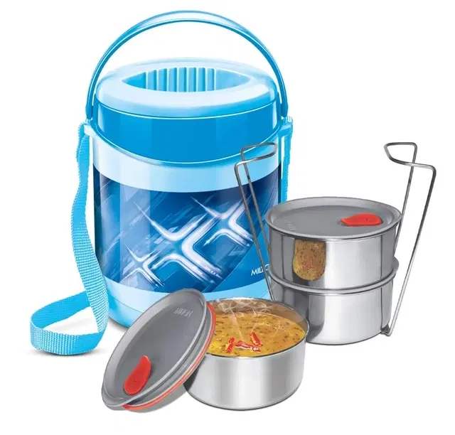 Milton Econa Deluxe 3 Stainless Steel Containers With Steam Vent 260 ml Each, Pu Insulated, Hot & Cold Leak-Proof Lunch Box For Office, College, Picnic, Blue