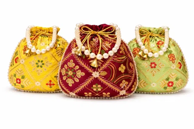 Handcrafted Embroidered Silk Potli Bag, Multicolour, Pack of 3