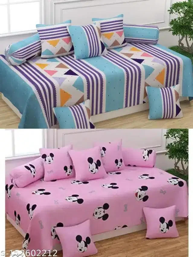 Polycotton Diwan Cover Set, Teal & Pink, Combo of 2