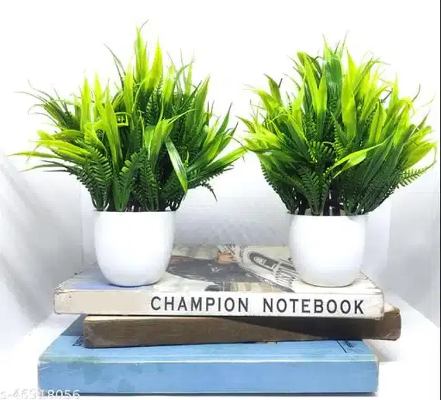 Artificial Plants with Pot, Green & White, Pack of 2