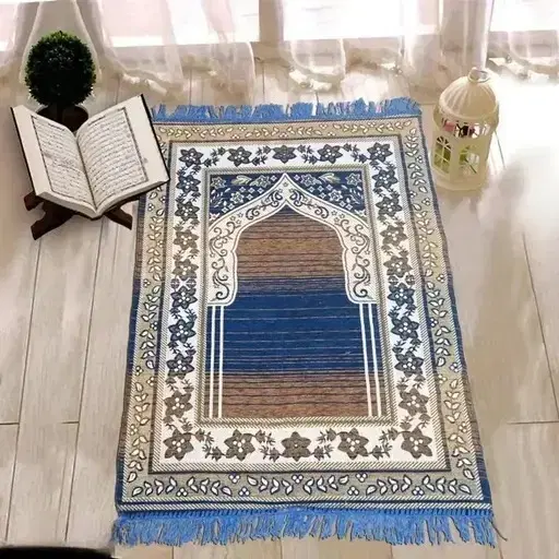 Furnishing Hut Chenille Islamic Janamaz Prayer Mat Multicolor Blue 27x50in