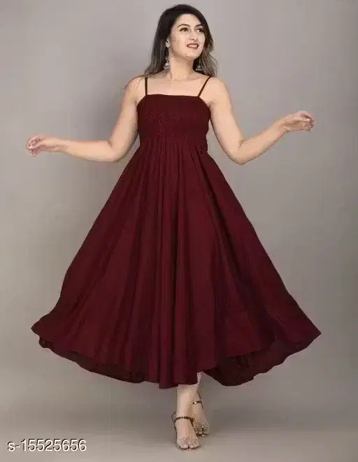 Fit and Flare Full Length Dress for Women, Wine (M)