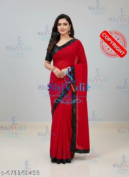 Chinnon Solid Saree For Women, Red