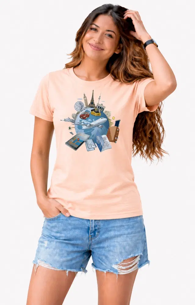 Casual Cotton Blend Tshirts for Women (Peach, S)