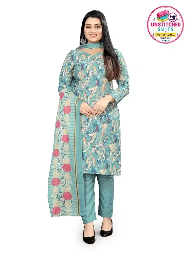Cotton Blend Printed Unstitched Suit with Dupatta for Women, Blue