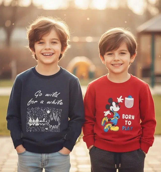 Round Neck Printed Wool Sweat Shirt For Boys, Multicolour (3-4 Years) ,Pack Of 2