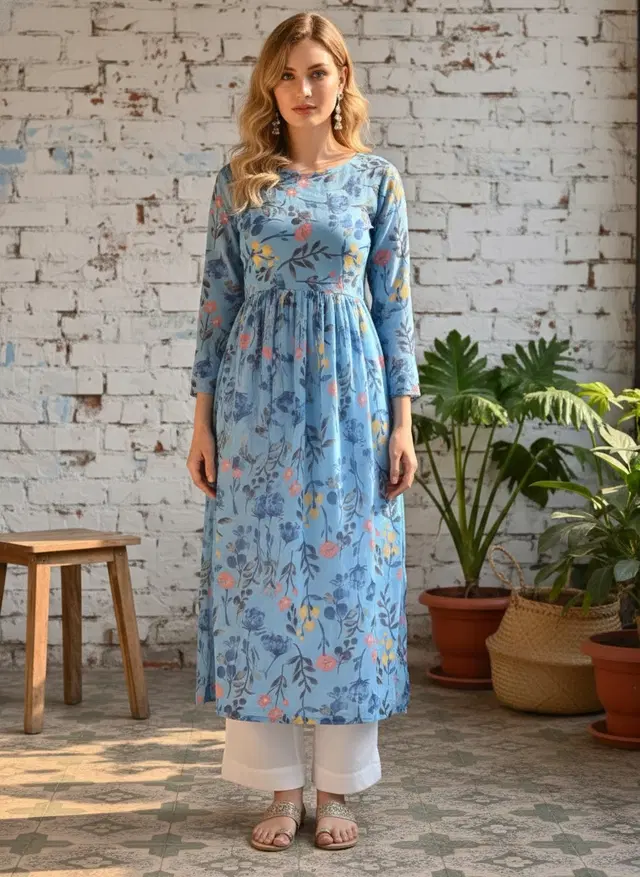 Floral Print Naira Kurti for Women (Blue, XS)